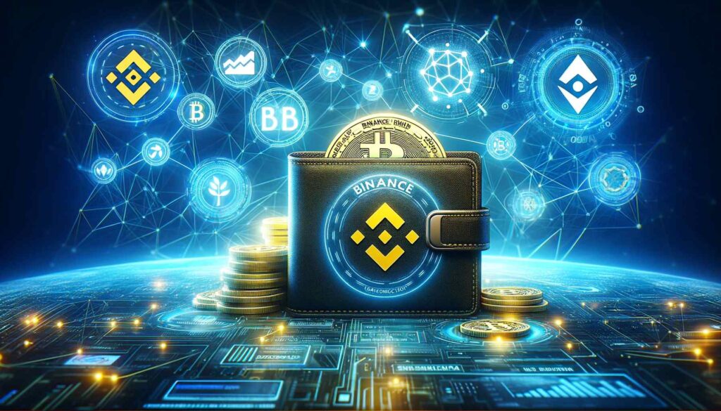 A digital wallet filled with Binance Coin (BNB) against a background of blockchain network and cryptocurrency symbols.