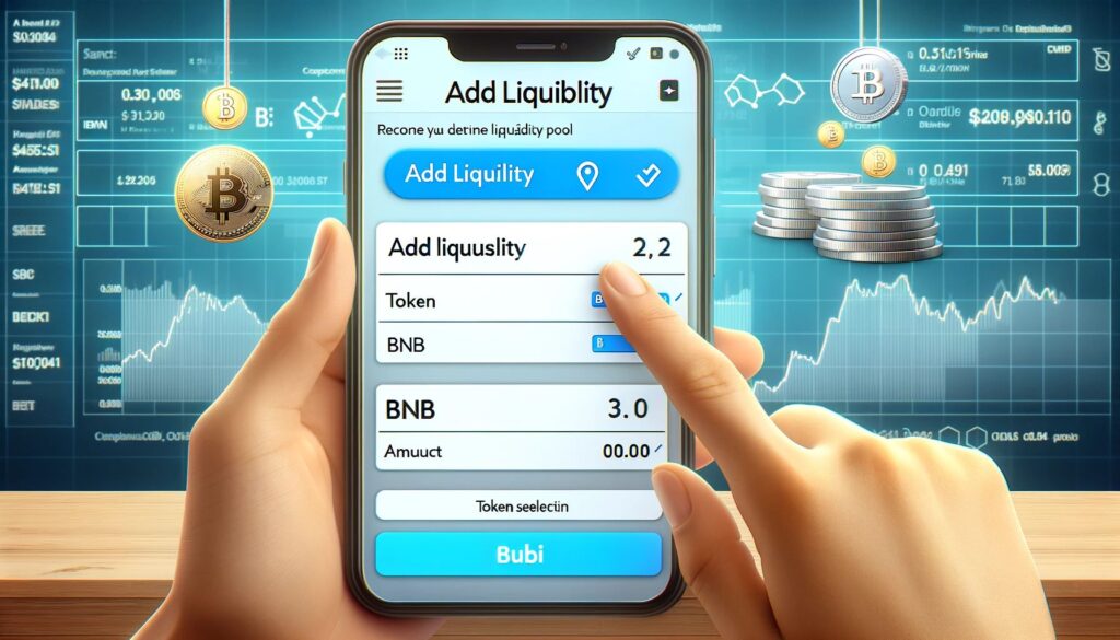  A screenshot of the 'Add Liquidity' section on Pancake Swap, showing a user adding BNB and another token to a liquidity pool. 