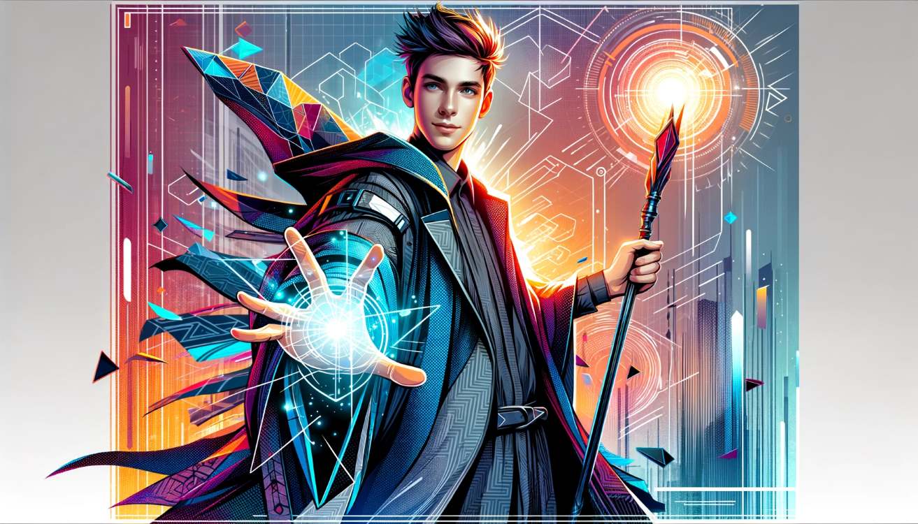 A vibrant and modern illustration of a wizard casting a spell, perfect for a social media advertisement. The wizard, young and energetic